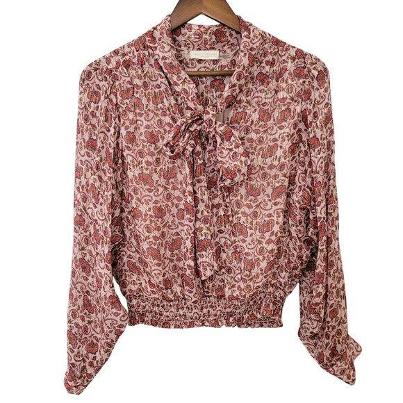 Ramy Brook Metallic Floral Print Silk Blend Neck Tie Blouse Top Womens Size S - Picture 2 of 9